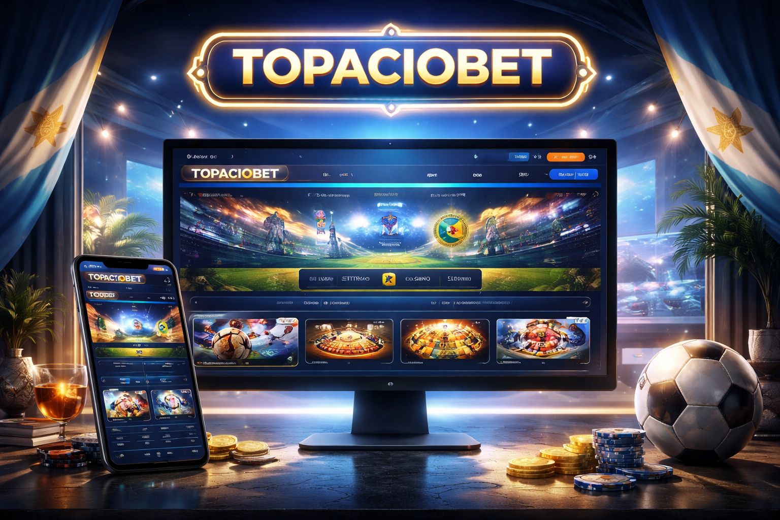 Interfaz principal de TopacioBet mostrando juegos de casino y opciones de apuestas deportivas para Argentina