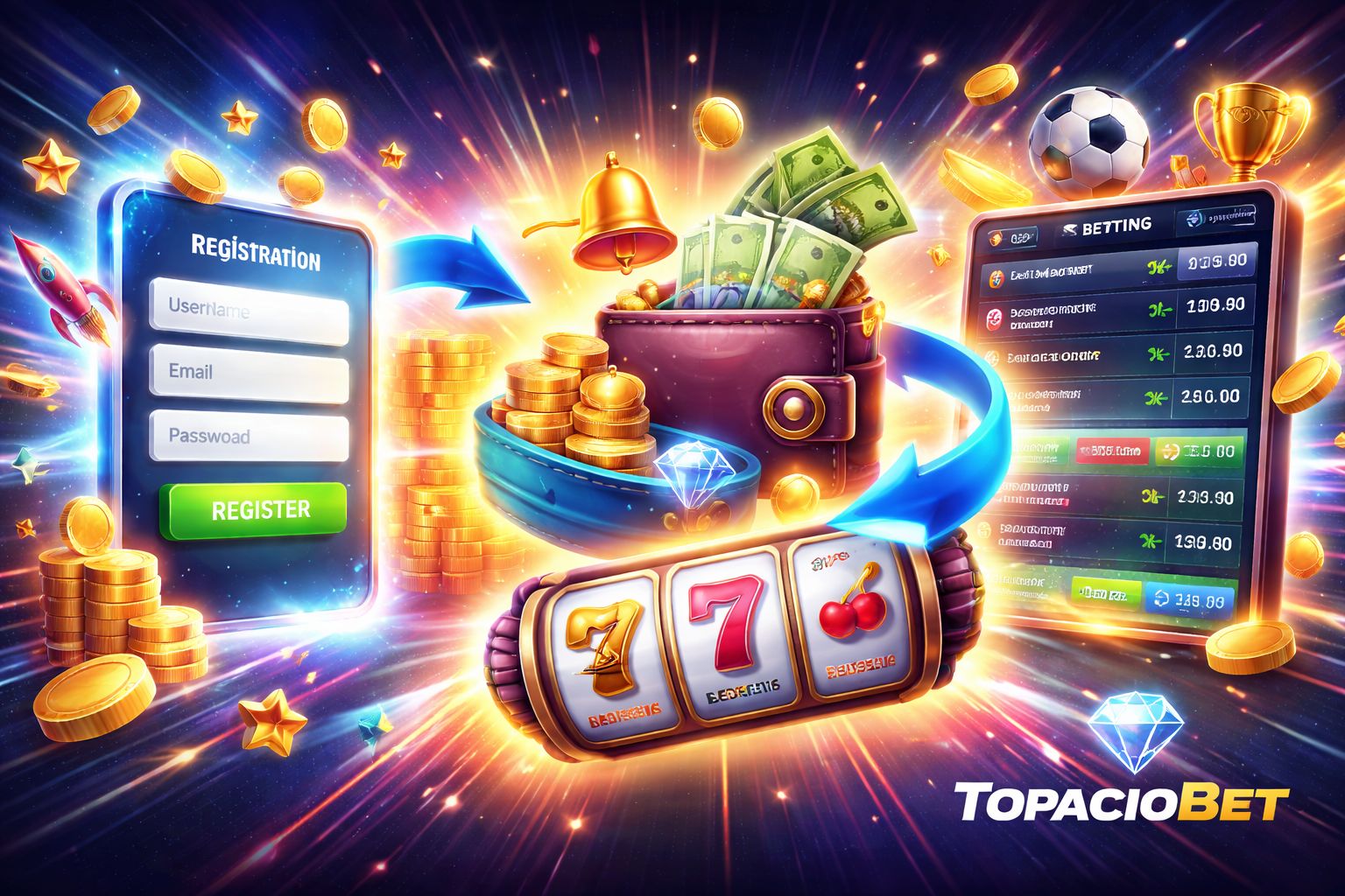Interfaz de jugador de TopacioBet mostrando los primeros pasos para comenzar a apostar y jugar