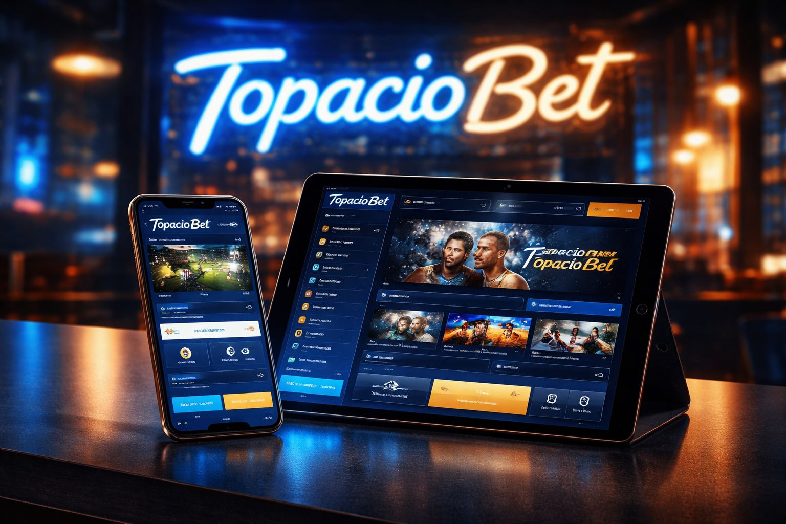 Smartphone y tablet mostrando la aplicación móvil TopacioBet con una interfaz de juego refinada para jugadores en Argentina.