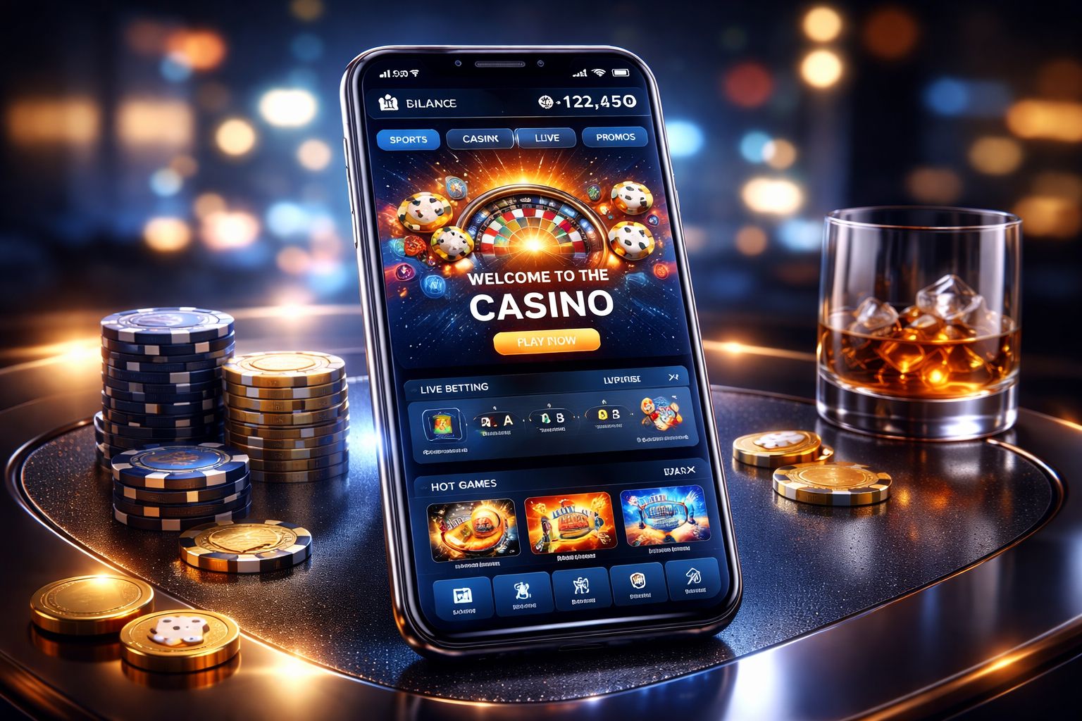 Dispositivo móvil moderno mostrando la pantalla de instalación del APK TopacioBet y el lobby de casino en un entorno elegante inspirado en Argentina.