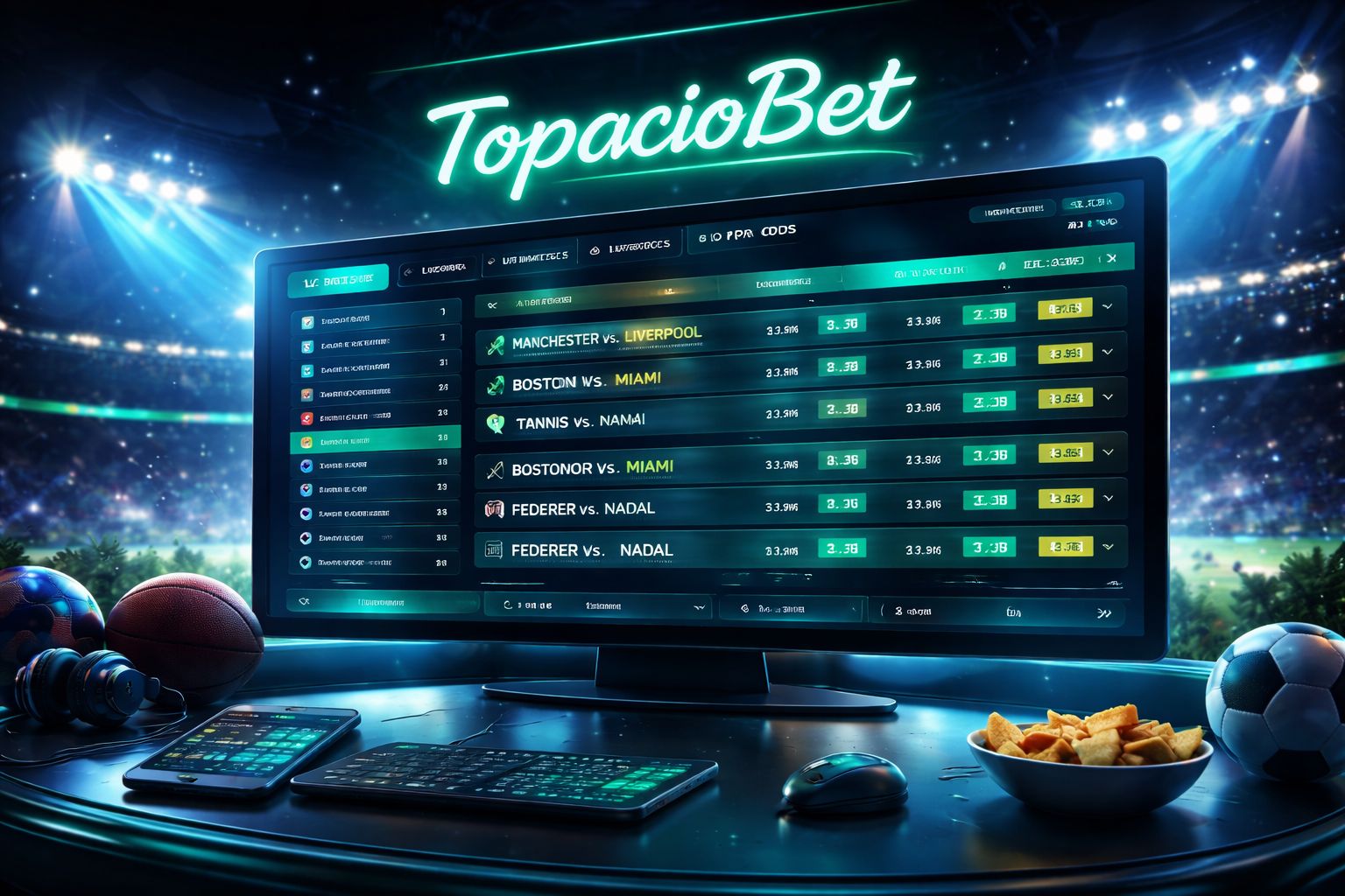 Panel de apuestas TopacioBet mostrado en una pantalla grande con iluminación de estadio y visuales deportivos inspirados en Argentina.