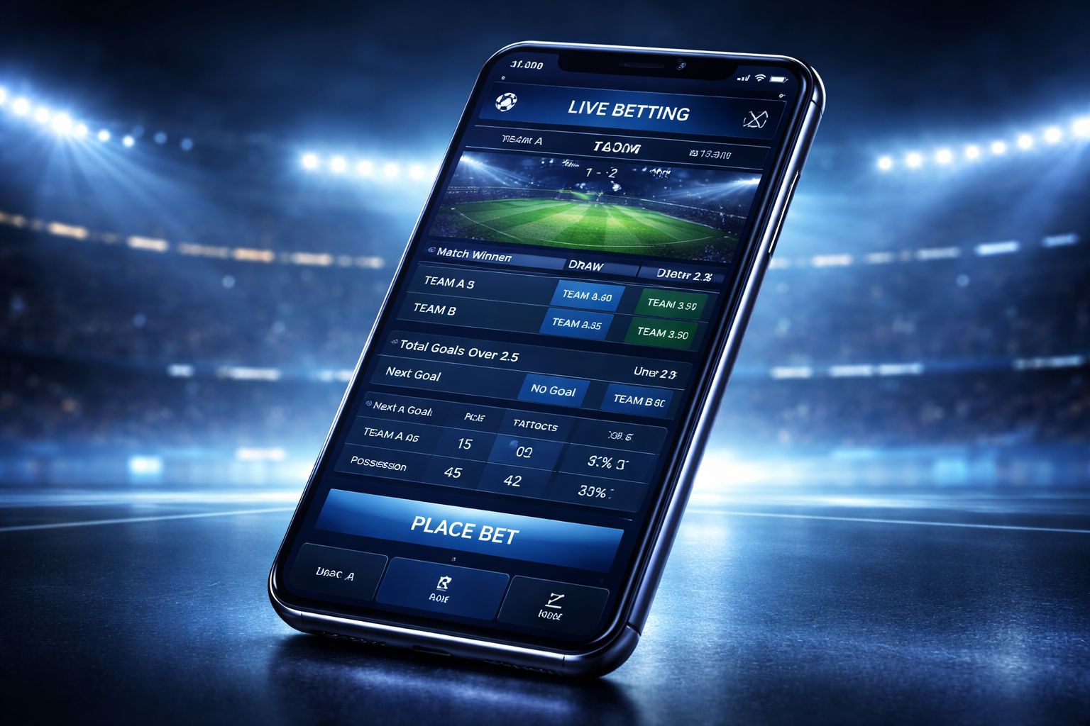 Interfaz de apuestas en vivo TopacioBet mostrando cuotas deportivas cambiantes y estadísticas de partidos en un dispositivo moderno.