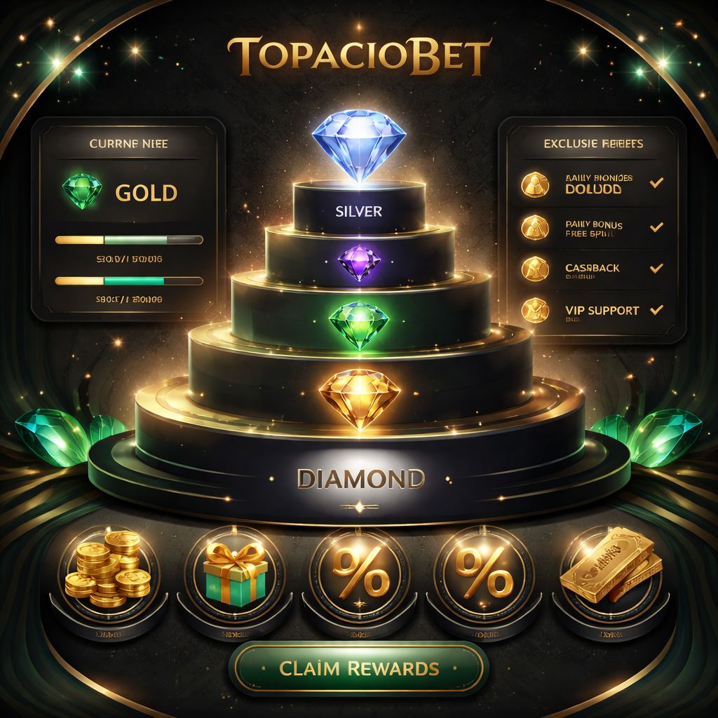 Gráfico estilizado de progresión VIP de TopacioBet mostrando niveles premium, recompensas mejoradas y características exclusivas de soporte para miembros leales.