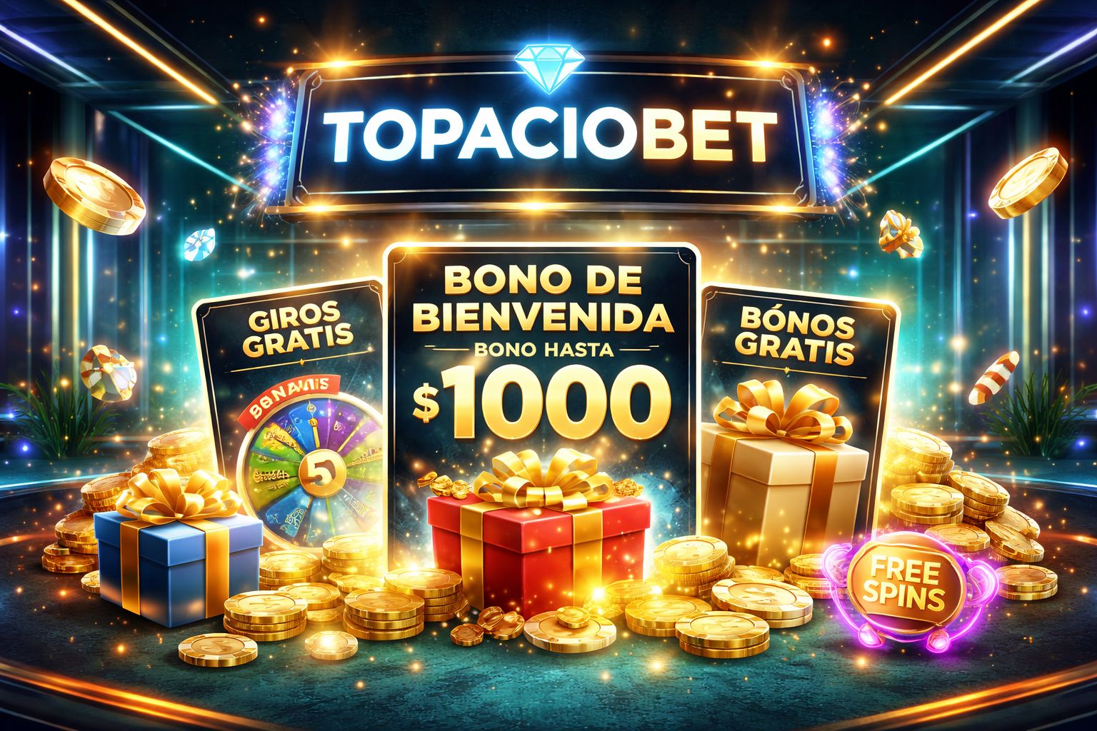 Pantalla promocional de bonos de TopacioBet con recompensas de bienvenida destacadas, detalles de reembolso y beneficios premium para jugadores en una interfaz moderna de juegos.