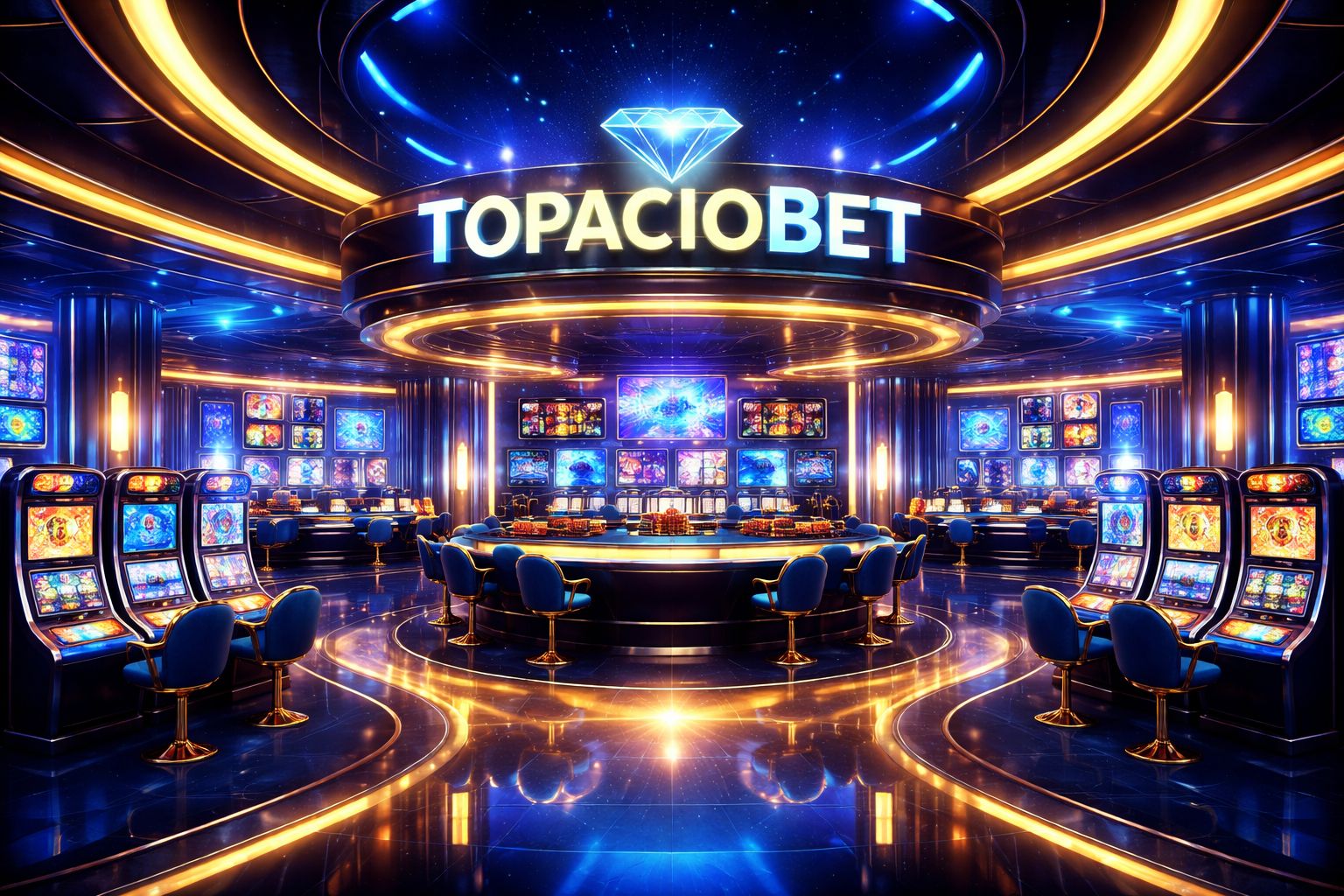 Lobby dinámico de TopacioBet Casino con mesas en vivo, juegos de tragamonedas y una atmósfera digital premium.