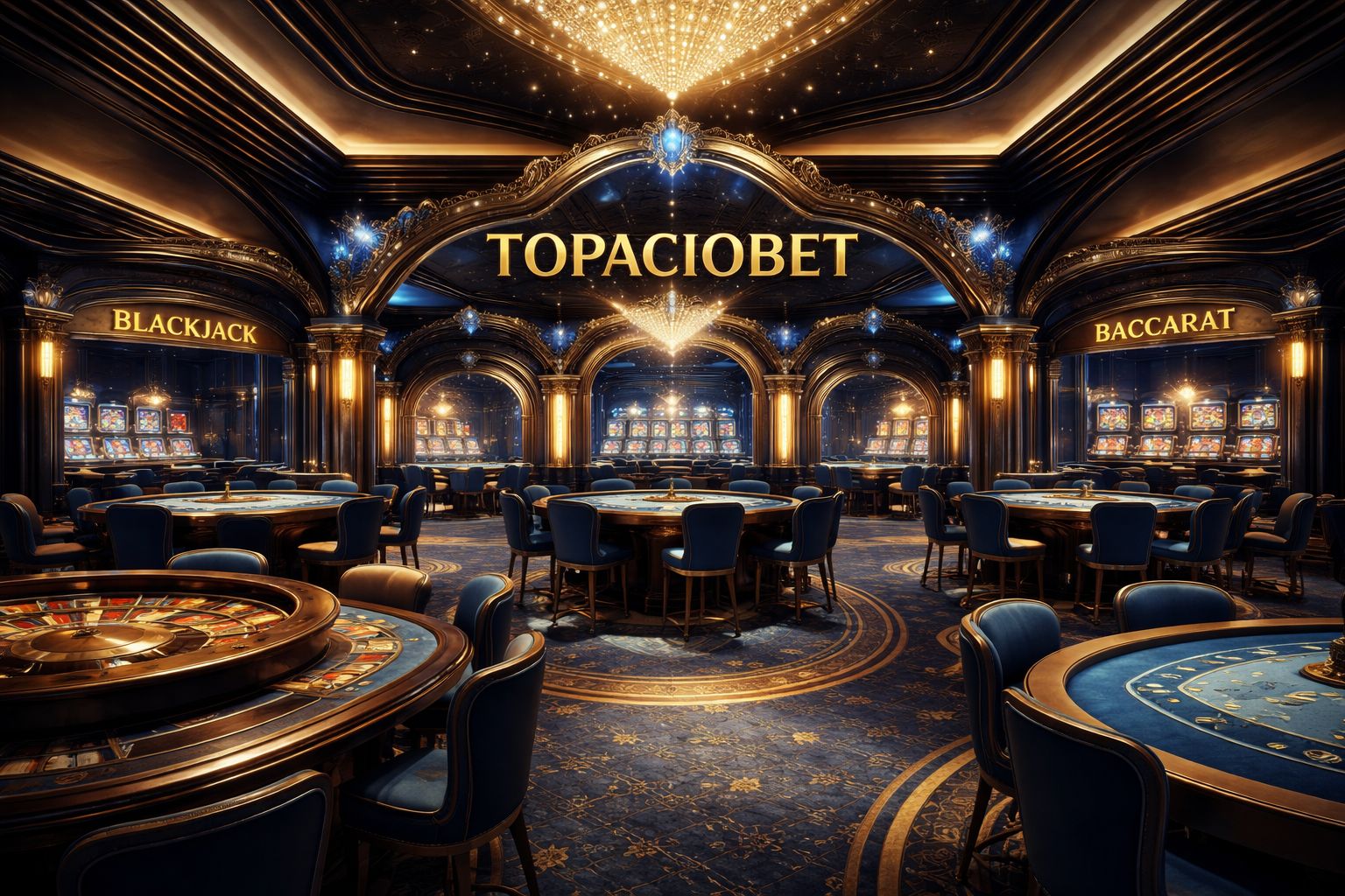 Vista general de TopacioBet Casino con mesas con crupier en vivo, tragamonedas y elementos de interfaz premium.