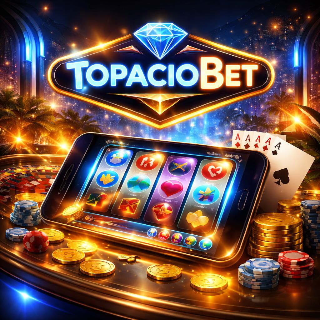 Una escena digital brillante de juegos con TopacioBet mostrado en un letrero luminoso sobre carretes coloridos, cartas y elementos de ruleta.