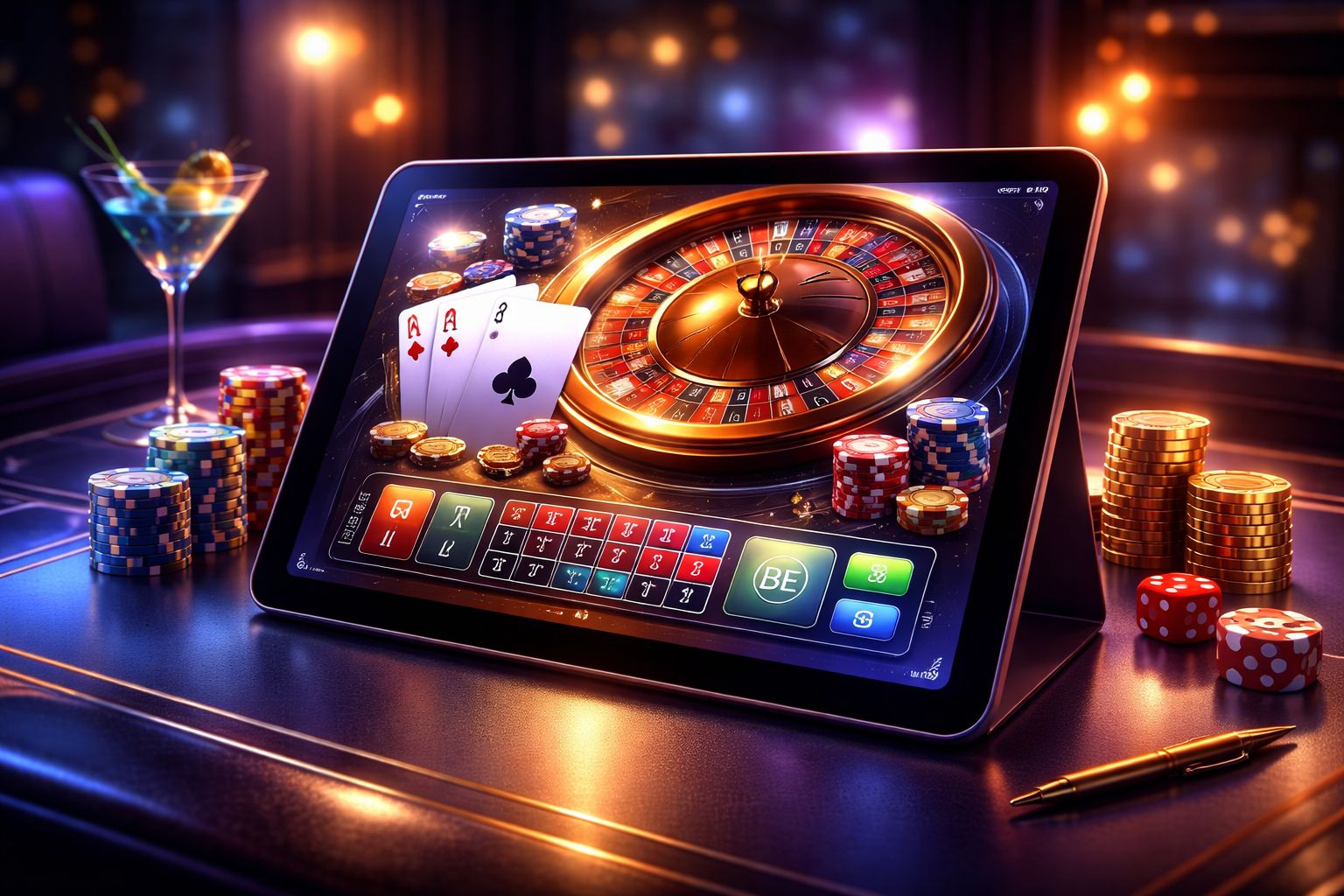 Configuración moderna de juegos con contenido de TopacioBet en una tableta con cartas, fichas y gráficos de ruleta en una escena digital refinada.
